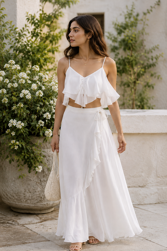 White Cascade Ruffle Georgette Co-ord Set