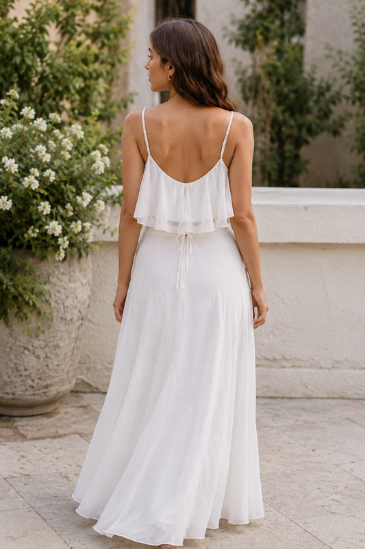 White Cascade Ruffle Georgette Co-ord Set