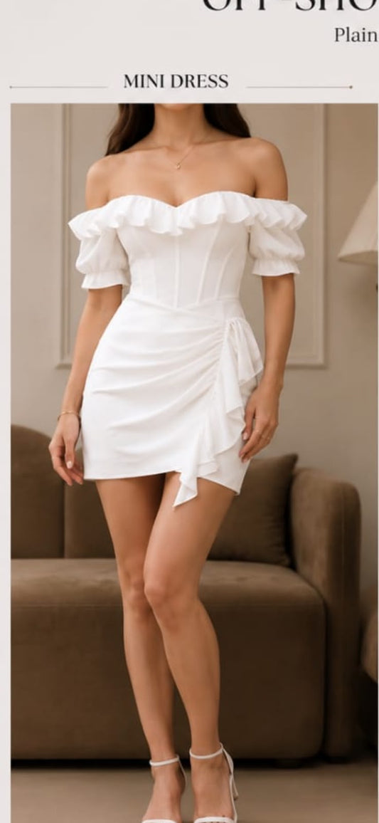 Pearl Off-Shoulder Corset Ruffle Mini Dress"