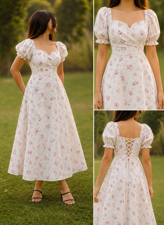 FLOWER PUFF SLEEVES DRESS